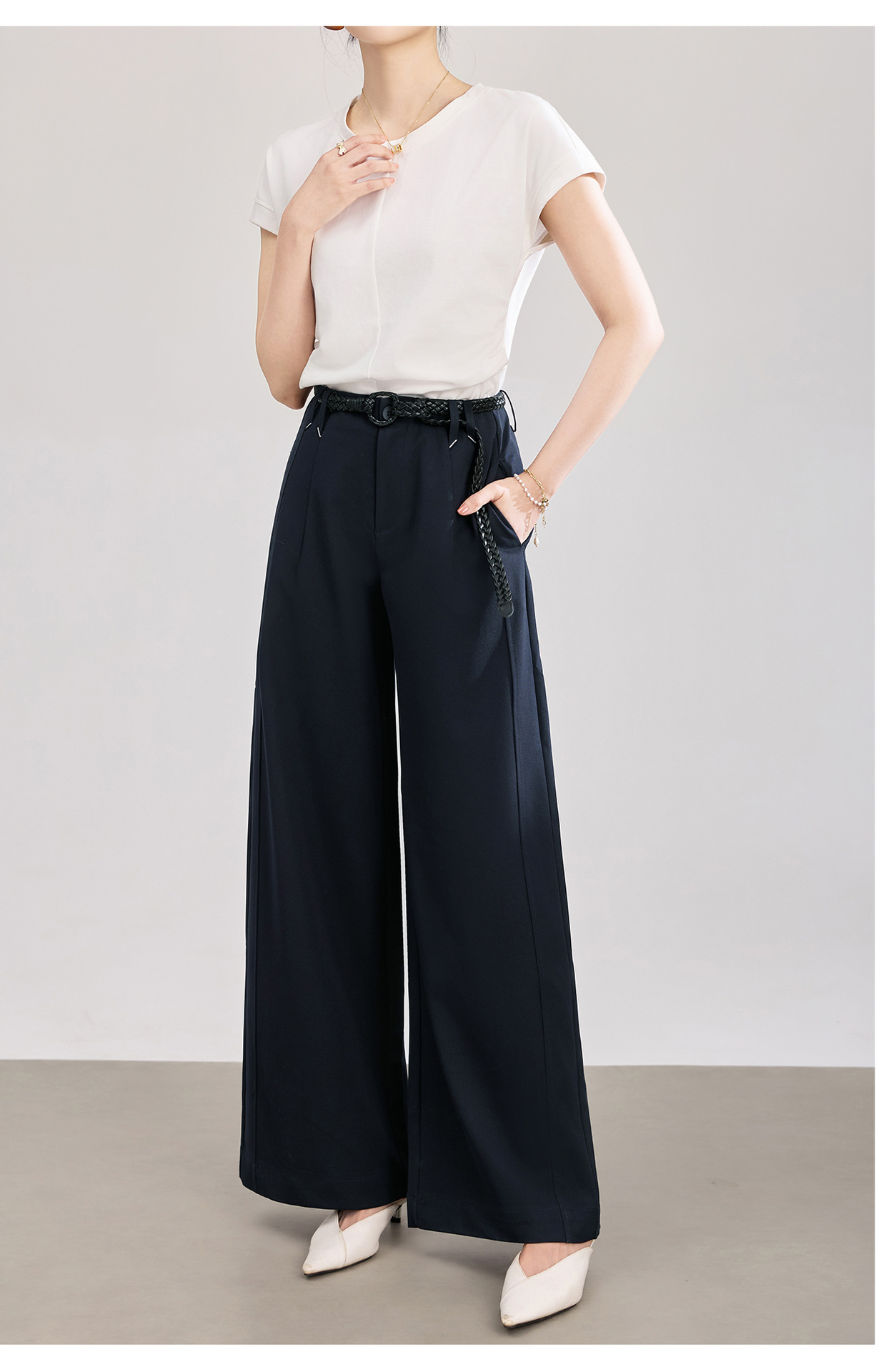 Quần culottes nữ ống rộng dáng suông chất len pha tơ nhân tạo cao cấp — Xanh lông mòng đen chi tiết 14