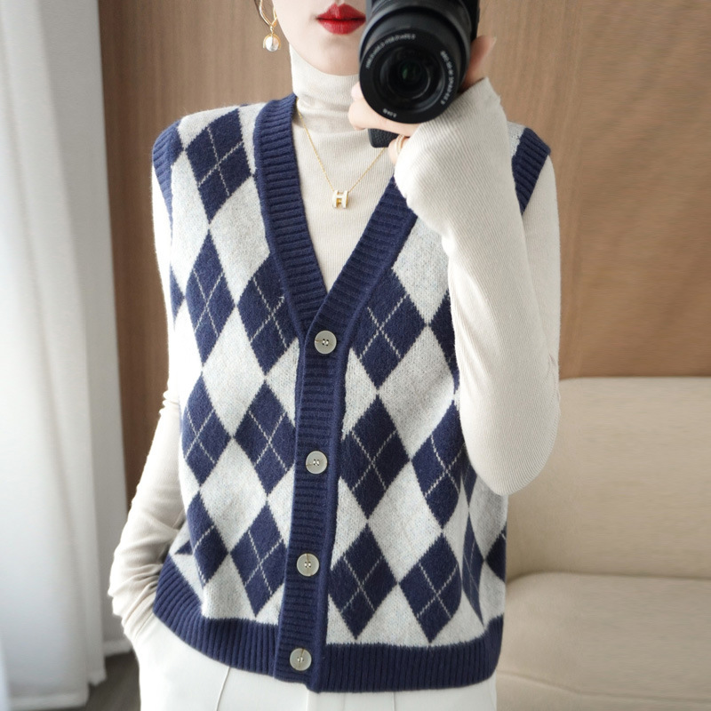 Women's Spring and Autumn Sleeveless Waistle Cardigan with Rhombus Knitted Vest V-Neck Loose Vintage Short Sweater Vest
