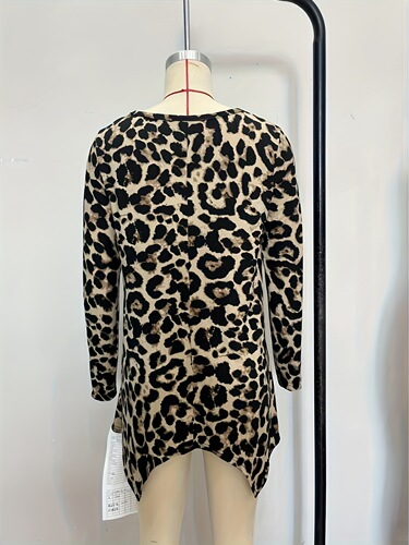 International Trade Cross-Border T-shirt Long Sleeve Loose Casual Crew Neck Leopard Print Knit Elastic Asymmetric Hem Autumn Top