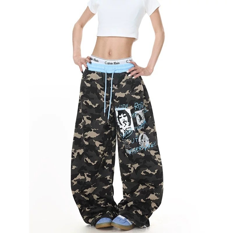 American retro graffiti camouflage wide-leg pants for women, loose drawstring sports casual long pants, jazz street dance pants American retro graffiti camouflage wide-leg pants for women, loose drawstring sports casual long pants, jazz street dance pants