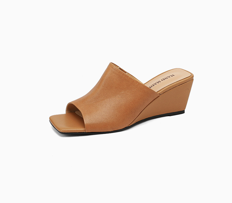 Sandal cao gót nữ hở mũi da bò mũi vuông quai ngang đế xuồng — màu đen, Màu caramel chi tiết 14