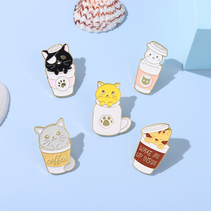 European And American New Cat Coffee Cup Animal Series Brooch Ladies Creative Cartoon Coffee Cat Shape Brooch display picture 8