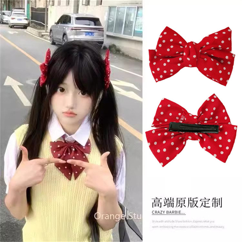 日韩元气感红色波点蝴蝶结发夹可爱JK少女发卡后脑勺顶夹马尾夹子