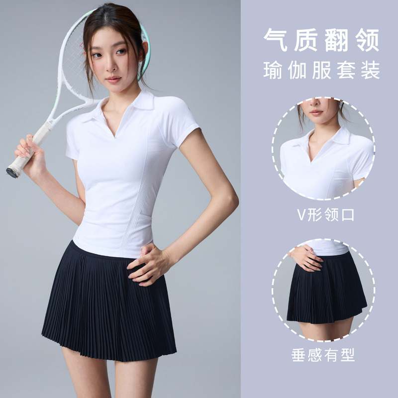 Elegant Lapel Yoga Outfit Set with a Straight Shoulder Design, Waist-Cinching and Slimming Effect, Summer Tennis and Badminton Sportswear for Women Elegant Lapel Yoga Outfit Set with a Straight Shoulder Design, Waist-Cinching and Slimming Effect, Summer Tennis and Badminton Sportswear for Women