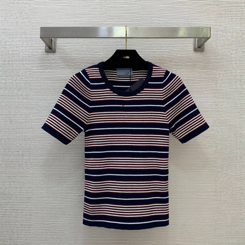 New High-Quality P Brand Letter Embroidery Logo Color-Blocked Striped Stretch Slim-Fit Knit Short-Sleeve Top
