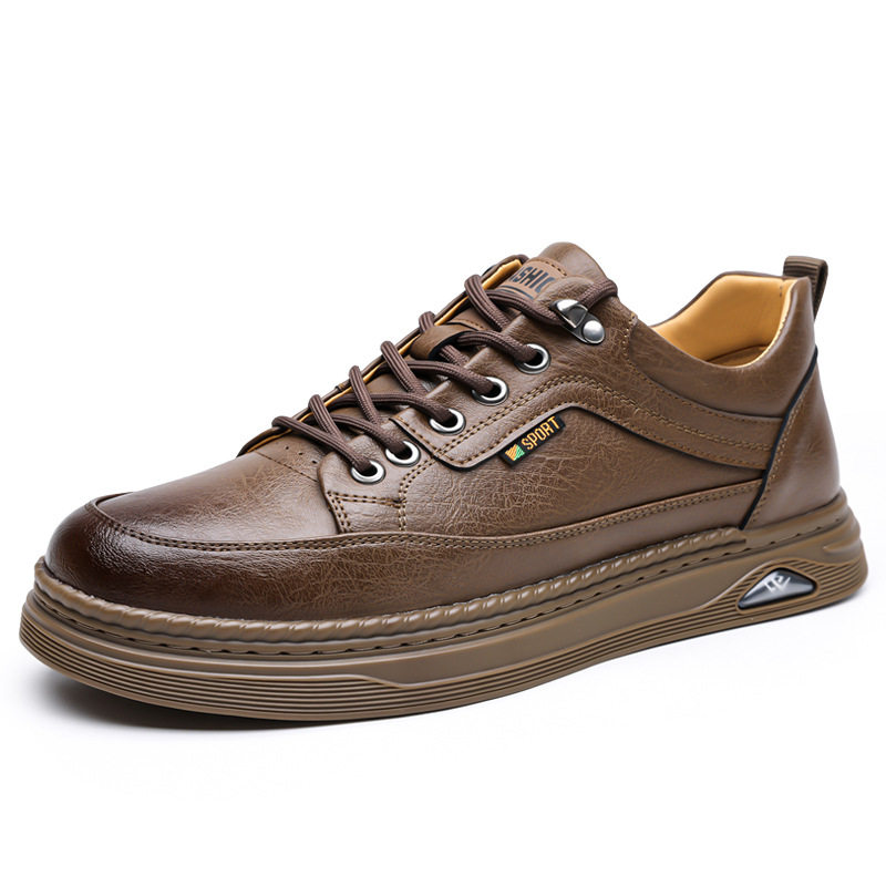Giày da nam sneaker cổ thấp khâu chỉ thủ công, đế bằng, dây buộc phía trước — Màu nâu, Màu trắng, màu đen