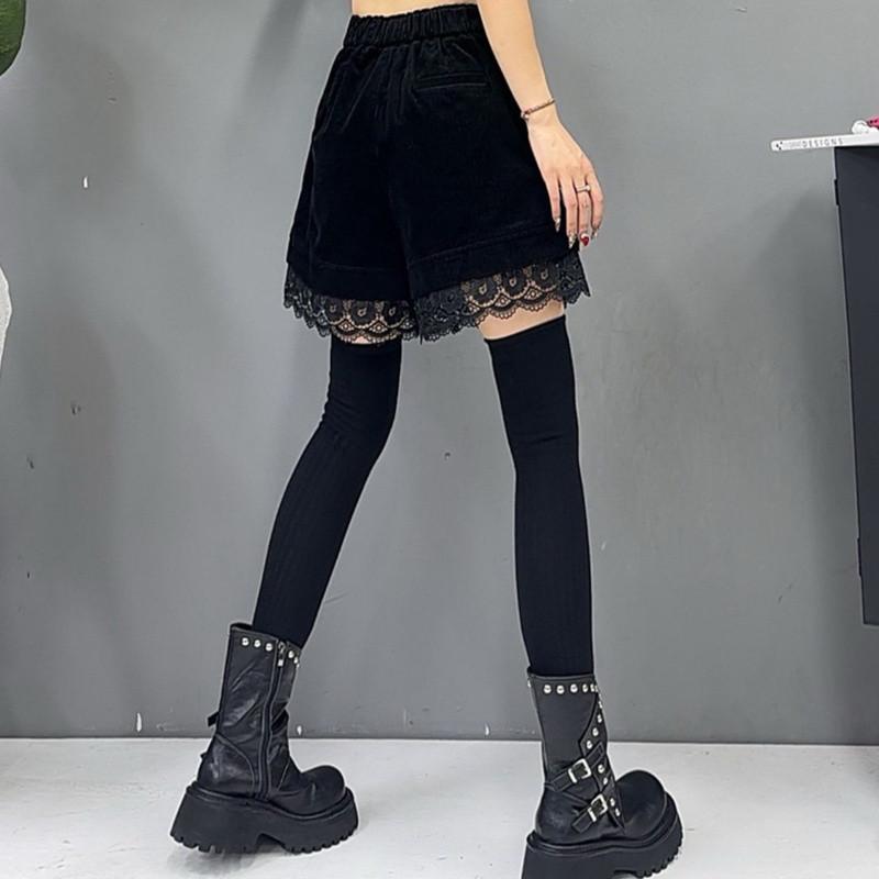 (2개) 블랙 코듀로이 레이스 스티칭 디자인 틈새 캐주얼 반바지 2025 기모 가을과 겨울 넓은 다리 부츠 바지 여성