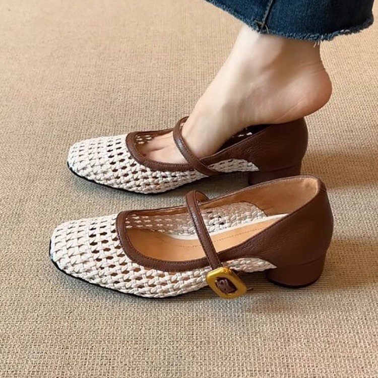 Piel de oveja suave ~ Zapatos Mary Jane huecos tejidos con punta cuadrada de cuero retro, sandalias de una línea de tacón grueso con punta cuadrada de boca baja para mujer