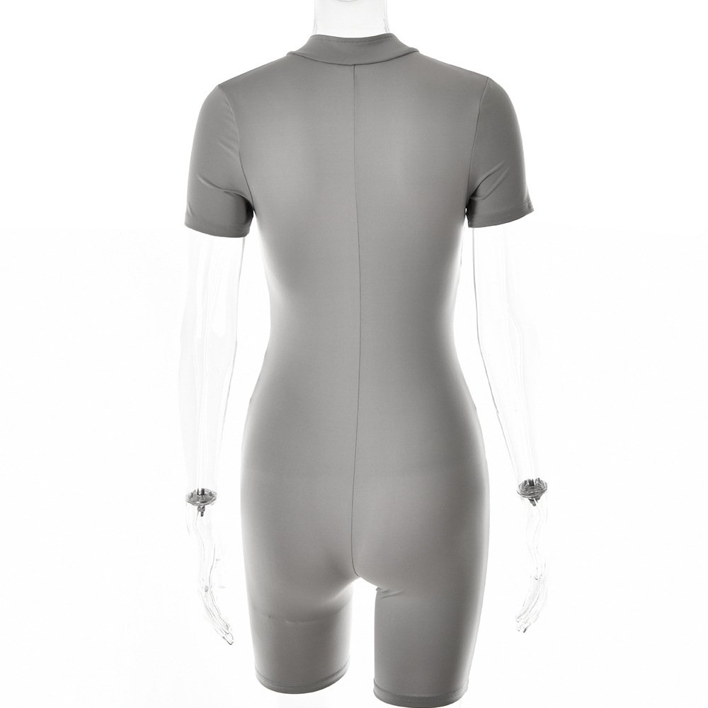 Sexy Tight Jumpsuit Autumn Winter Short Sleeve Zipper Striped Bottoming Shirt for Women