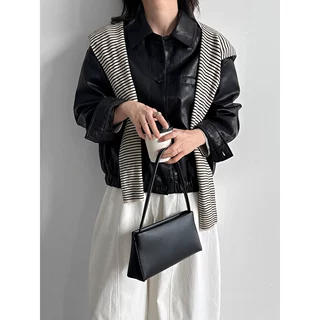 LUXI 经典高级感翻领PU皮衣夹克女26秋季新收腰廓形机车皮外套096