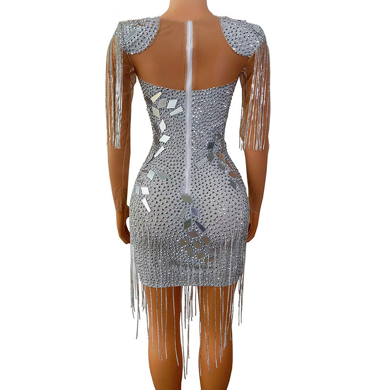 Fábrica de ropa brillante cristal borla sequined sexy vestido las mujeres del club nocturno partido caliente sexo baile Falda corta