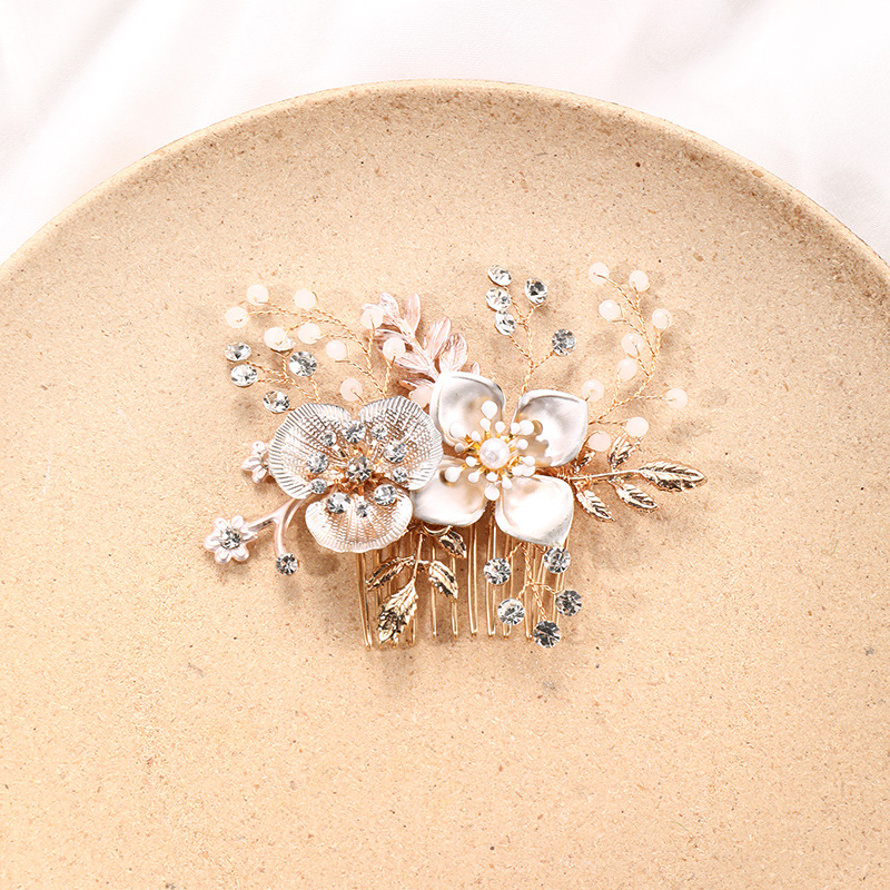 跨境新娘頭飾手工編織金屬插梳歐美時尚婚禮寫真髮型配飾花朵髮飾