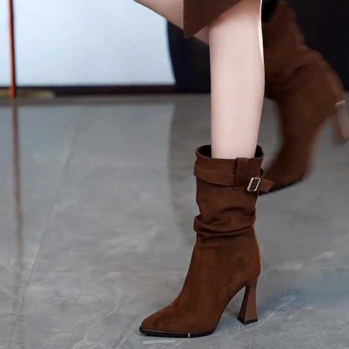 European and American Style Brown Elegant Chunky High-Heeled Slouch Boots for Women, New Autumn and Winter Model to Pair with Coats, Pointed High-Heeled Suede Stretch Boots