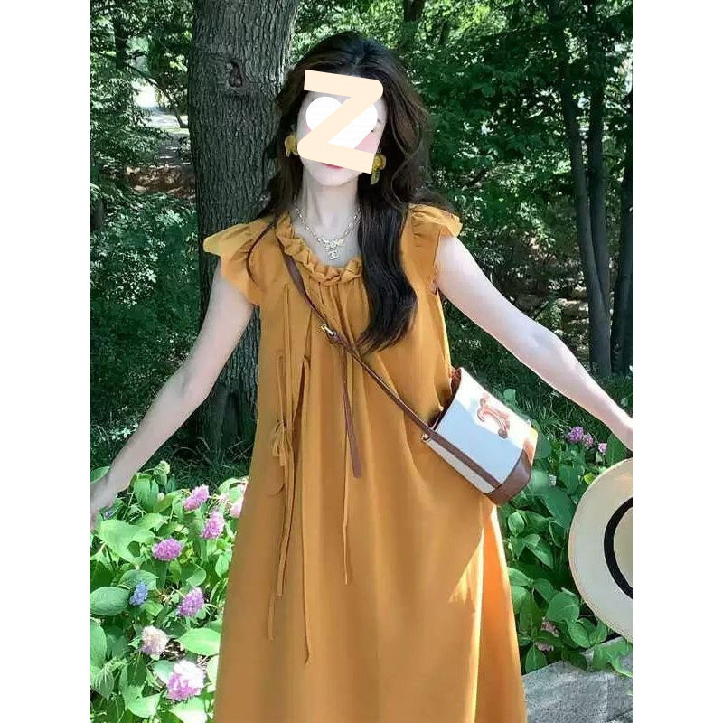 女性のための黄色のフライングスリーブドレス 2025 夏の新しいスタイルフレンチビーチ休暇ルーズ痩身ミディスカート|undefined