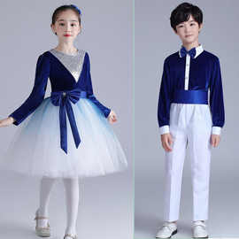 儿童中小学生大合唱团演出服十一幼儿诗歌朗诵领表演服装蓝色弹力