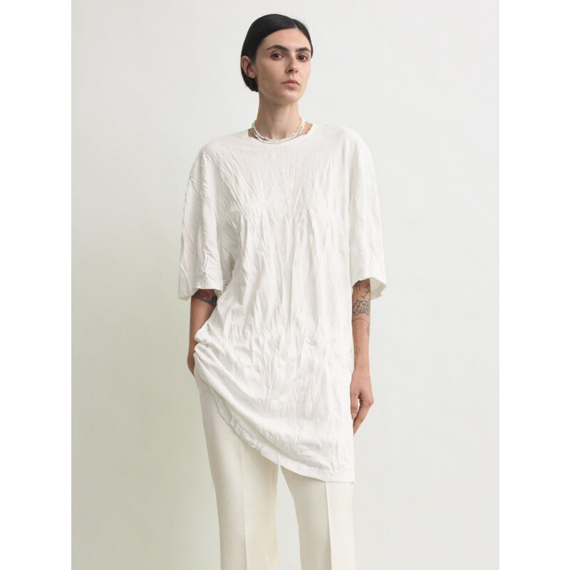 Rongmei Loose and Lazy Style Pleated Long T-Shirt for Women 26 Spring and Summer New Tot Style Design Short-Sleeved Top