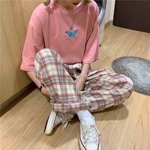 跨境时尚格子休闲裤女秋冬加绒新款宽松直筒高腰阔腿长裤子ins潮
