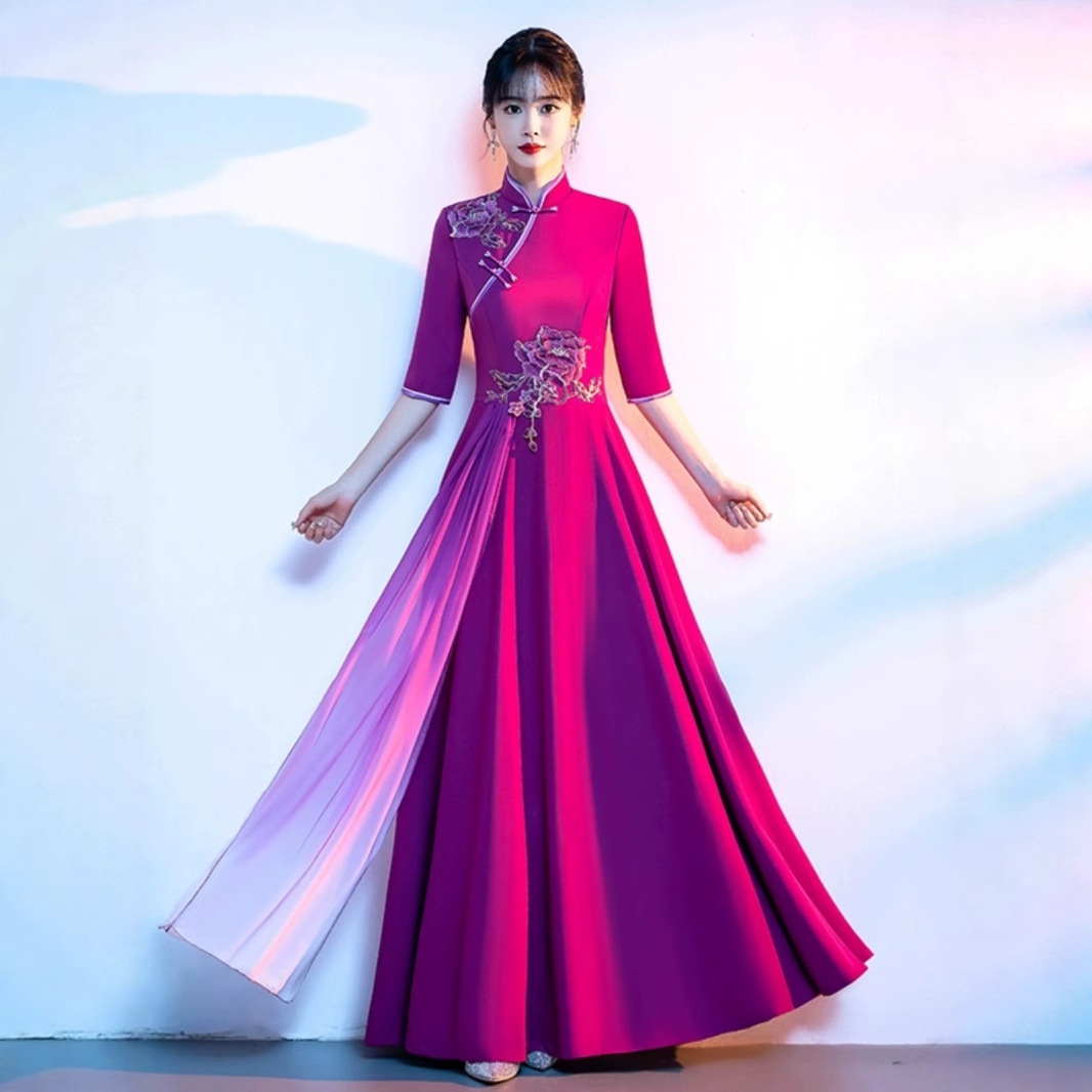 Guofeng Chorus Performance Dress Improved New Style Vertical Collar Dress Women's Long Dress Retro Western Style Red Song Stage Performance Dress