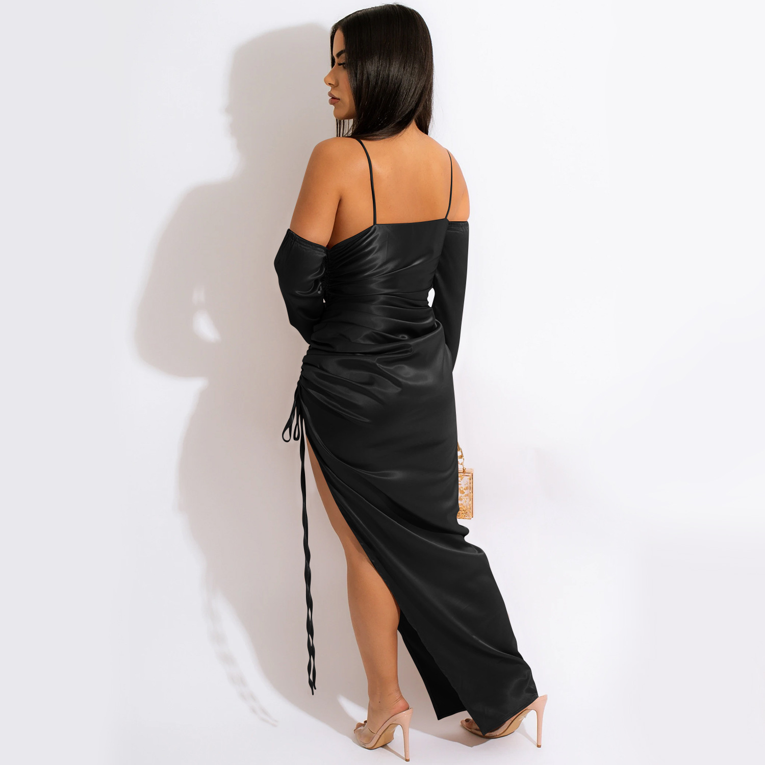 Sling Long Sleeve Slit Drawstring Solid Color Dress NSXYZ115445