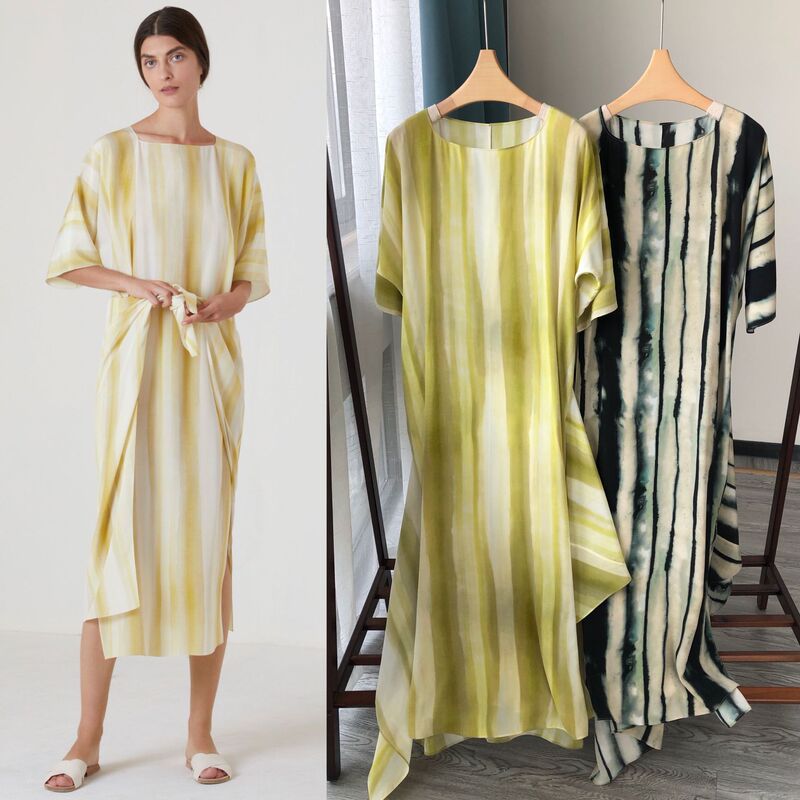 Spanish Niche-Simi Dye Retro Danqing Ink Light Mature Wind-washed Silk Dress