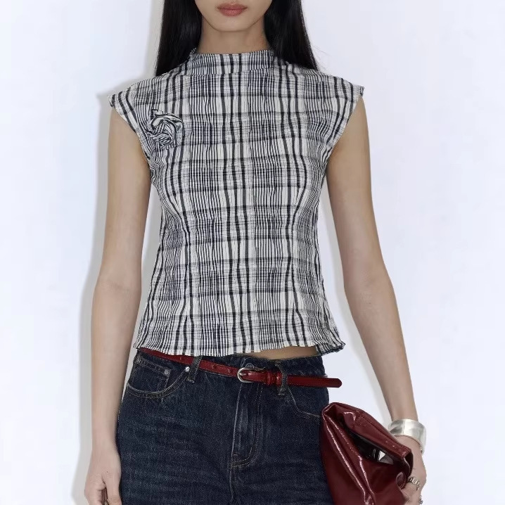 Tearocean* Lyrical Lines of Remembrance Plaid Stand Collar Sleeveless Vest for Women Slim Fit Short Exquisite Pullover for Summer Tearocean* Lyrical Lines of Remembrance Plaid Stand Collar Sleeveless Vest for Women Slim Fit Short Exquisite Pullover for Summer