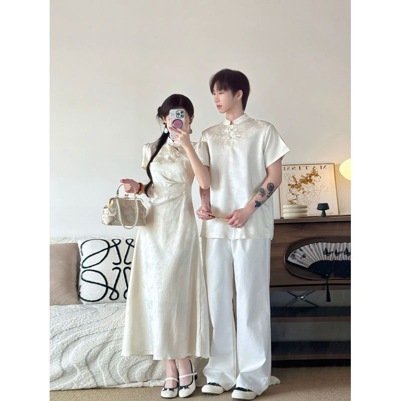 New Chinese-Style Couple Outfits for Summer, Improved Cheongsam with a High-End Feel, Jacquard Stand Collar, Waist-Cinching, Buttoned Elegant Dress