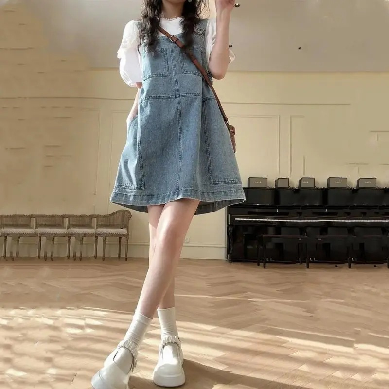 Hong Kong Style Retro Age-Reducing Slim Denim Suspender Skirt for Women Summer New Style Small Loose Waist Dress Trendy