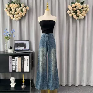 跨境时髦复古做旧豹纹牛仔阔腿裤女2026新款美式辣妹高腰显瘦直筒