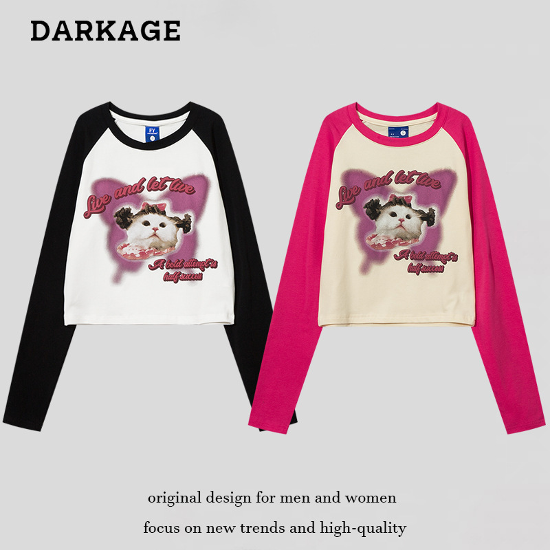 American-style dopamine cute cat long-sleeved T-shirt women's autumn street fashion brand slimming hot girl short base long tee