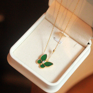 925 All-Over Sterling Silver Natural Burmese Jade Butterfly Necklace for Women Full Green Jade Inlaid Pendant Plated with 18K Gold Wholesale