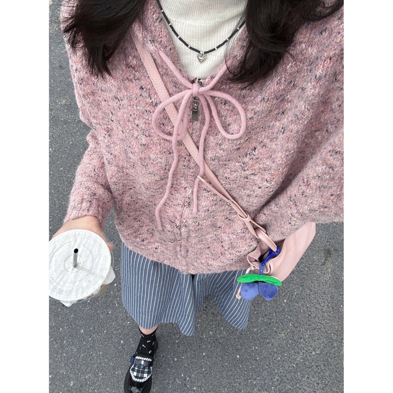 Dark Pink Mixed Color Hooded Zipper Sweater Jacket Cardigan Women's Autumn and Winter New Casual Loose New Shirt Top Thick