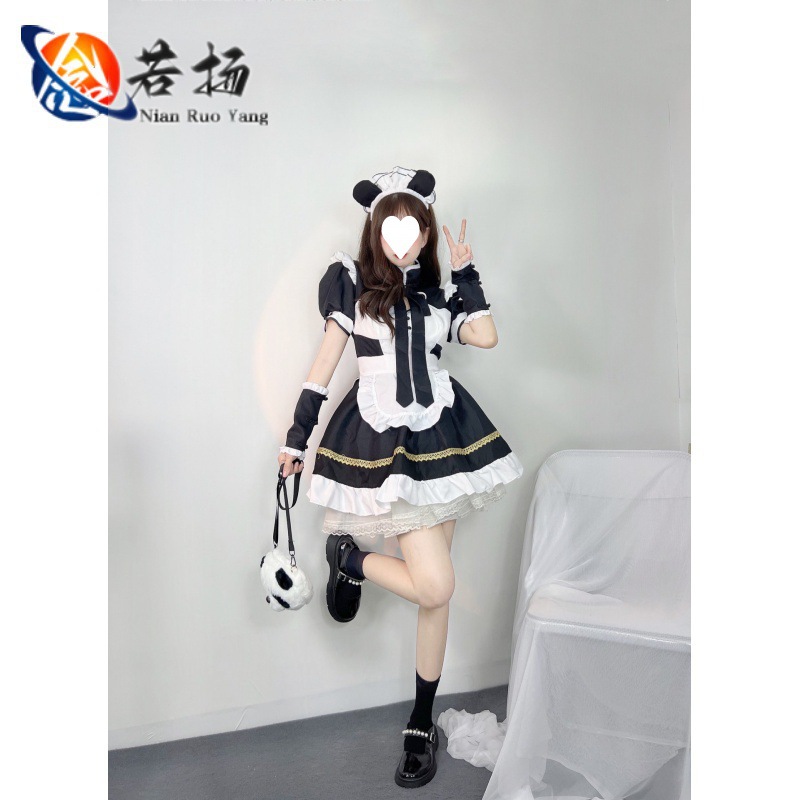 (2개) 일본 메이드 코스프레 섹시 로리타 팬더 소녀 메이드 유니폼 애니메이션 데일리 원피스
