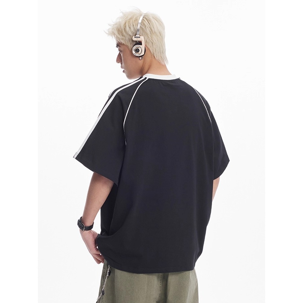 American-style Patchwork Striped V-neck Loose-fitting Short-sleeve T-shirt Men And Women, Hip-hop Street Racing Clothing_viptrois.com