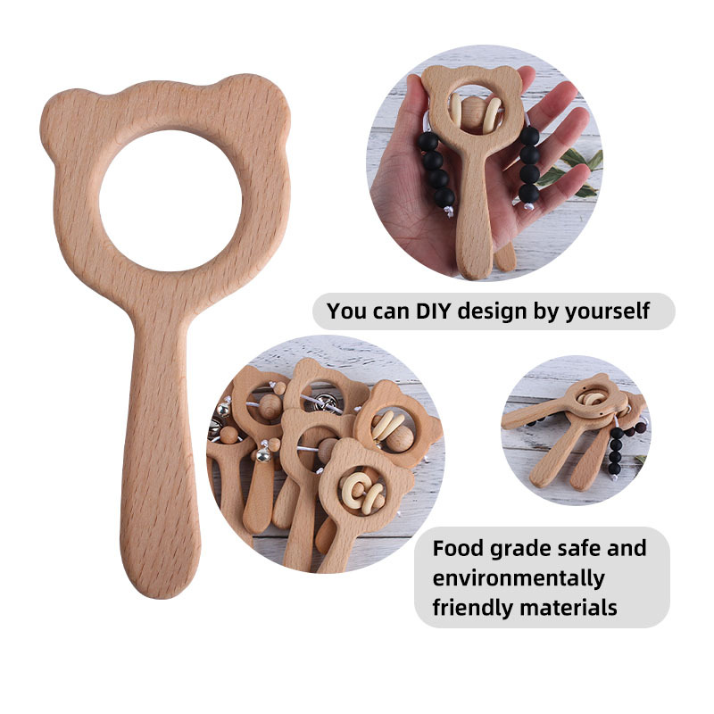 Nuevo DIY de dibujos animados de haya mano palo juguete teether marrón oso sonajero juguete infantil teether palo