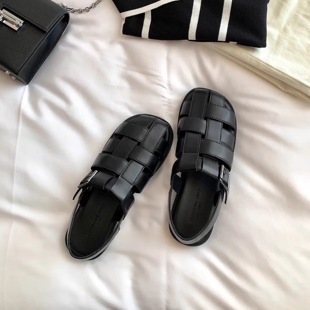 [sheii su] blanda explosión ~ cubierta de cuero real tejido hueco fondo plano sandalias romanas zapatillas de jaula de cerdo