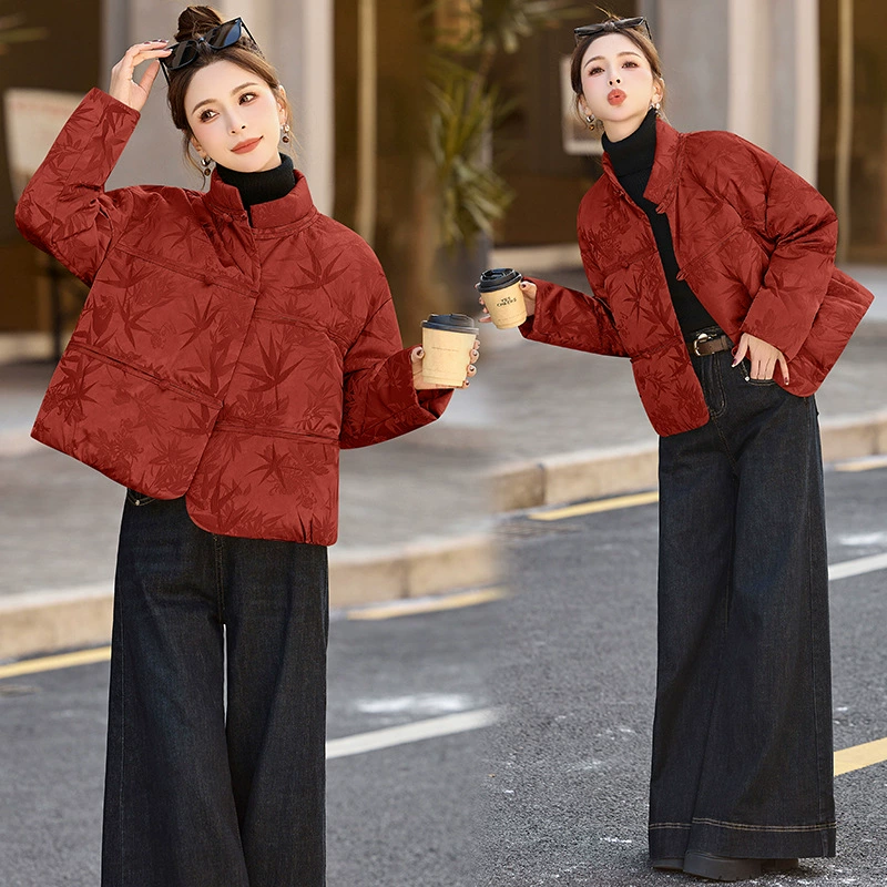 Новый китайский стиль жаккардовый пуховик женский 2024 зима новая мода белая утка пуховая короткая куртка