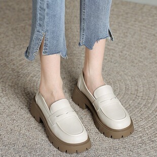 Thick-Soled First-Layer Cowhide Women's Shoes, Spring & Fall Non-Slip Soft-Surface Shoes for Girls with Skirts, Versatile Preppy-Style Leather Shoes for Work