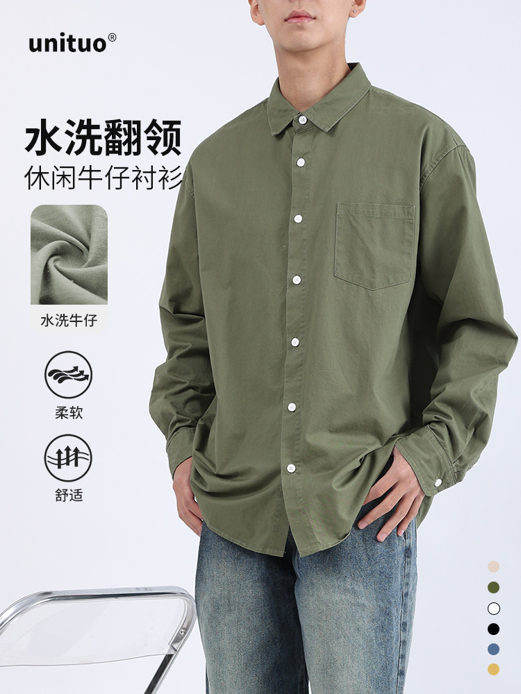 Hombres de otoño algodón camisa de manga larga abrigo relajado casual versátil de color sólido herramienta de bolsillo camisa de solapa de moda masculina