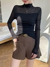 高领拼接蕾丝网纱加绒打底秋冬2024洋气新款时尚气质修身长袖上衣