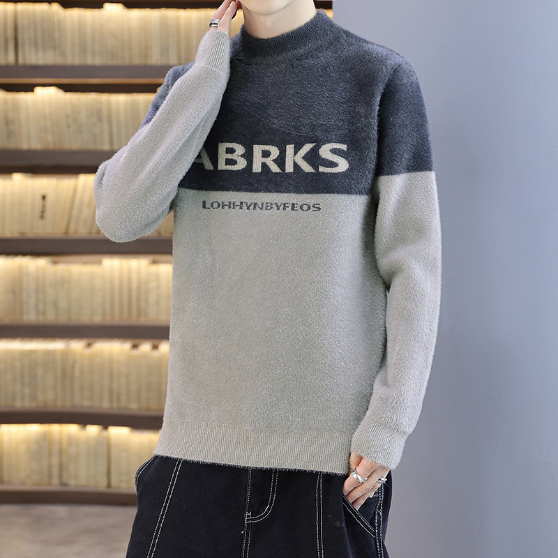 Influx of male fashion 2021- Autumn and winter Jacquard weave Sweater thickening sweater Teenagers mink letter Hit color