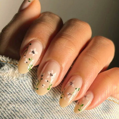Nude yellow gradient retro floral nail art round head European and American almond nails gentle and charming girl simple and elegant nail art wholesale