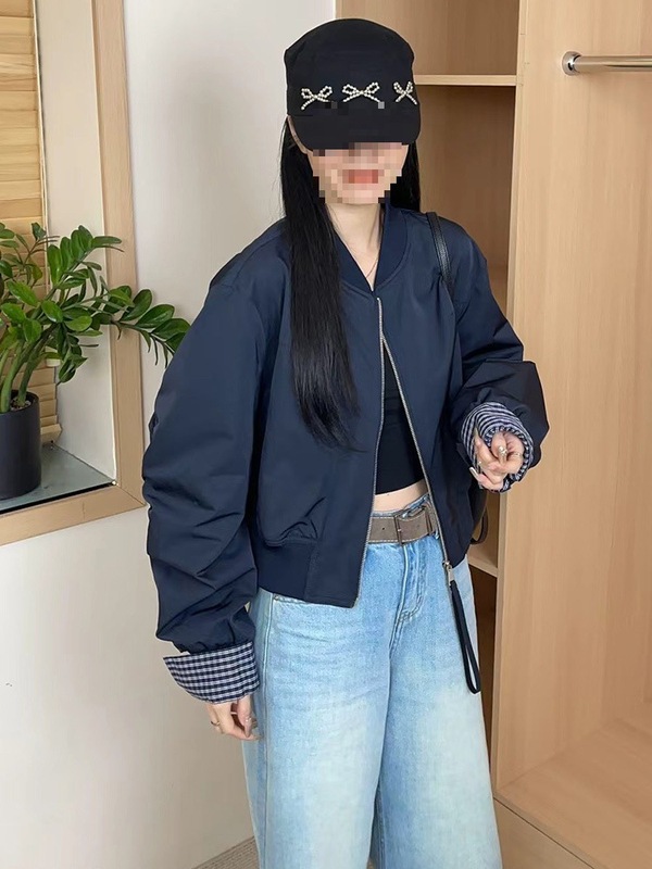 韩系格纹拼接袖口立领棒球服外套女2025秋季时尚休闲百搭夹克上衣|undefined
