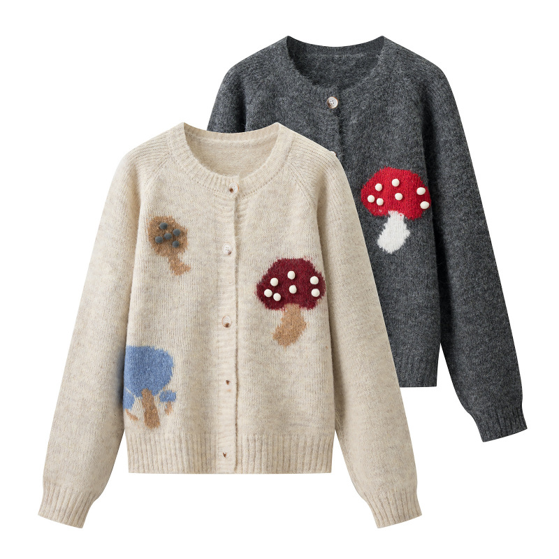2025 Autumn and Winter New Style Lazy Style Mushroom Embroidered Knitted Cardigan Loose Sweater Petite Top for Women
