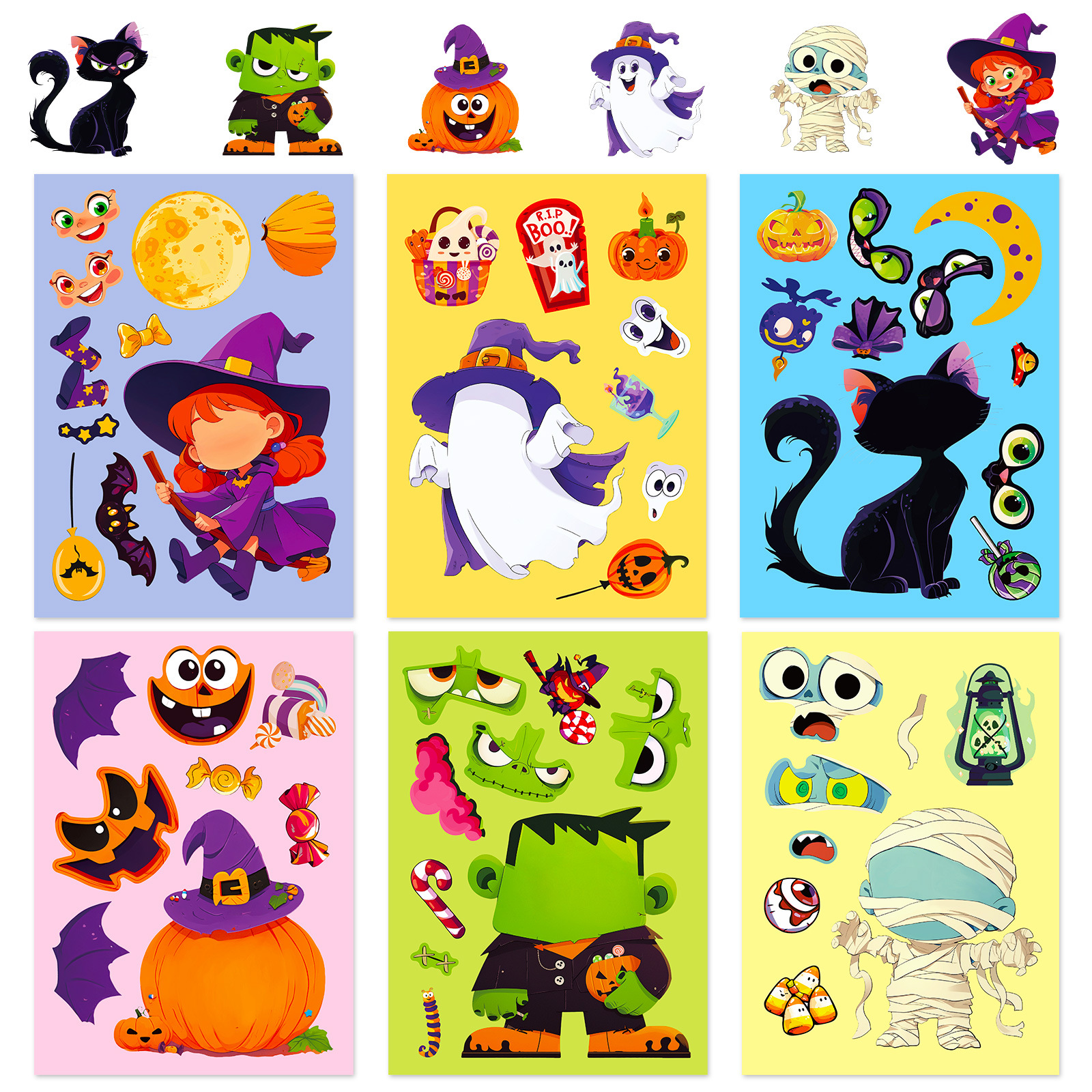 6 Sheets/Pack Halloween Face-Changing Puzzle Stickers Ghost Pumpkin DIY Children's Toys Graffiti Sticker Paper Cross-Border