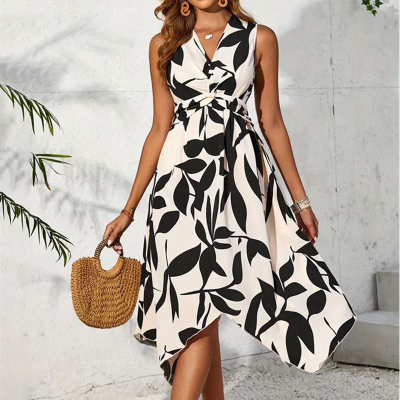 Long Sleeveless Midi Skirt with Leaf Print, Twisted Irregular Dress for Women, Cross-Border Foreign Trade Vacation Style