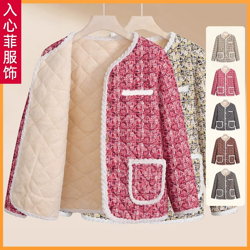 Зимняя куртка мама толстая овечья кашемир короткий средний и пожилой женский цветок хлопчатобумажная куртка хлопчатобумажная одежда осень-зима