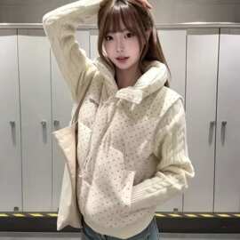 波点拼接甜美保暖麻花面包服袖冬韩系外套加厚针织宽松短款棉服女
