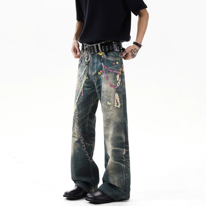 Wukong Goods American Retro Chain Print Jeans for Men, Trendy High Street Style, Cool Washed Straight Wide-Leg Pants