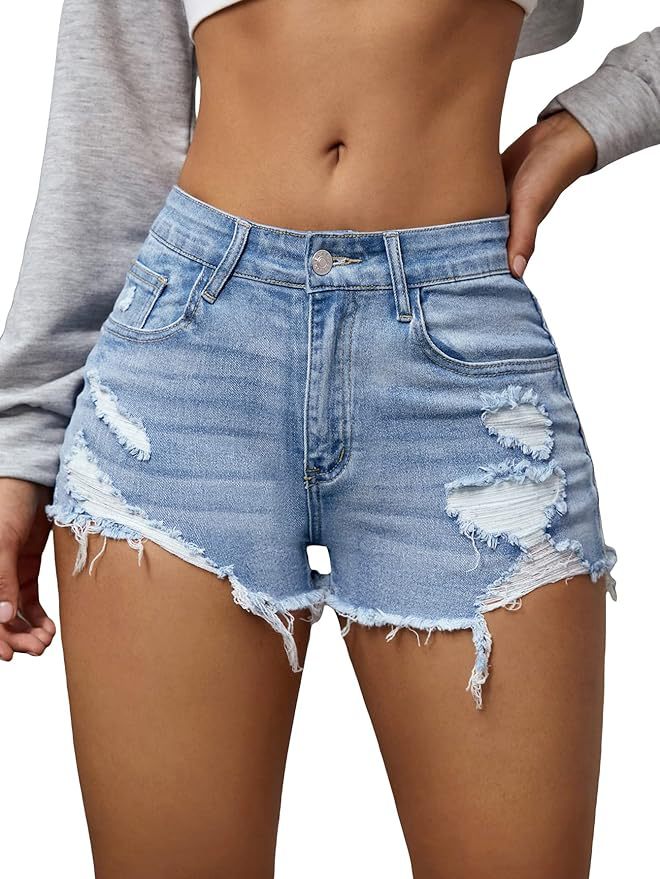 Washed denim shorts voor dames elastische broek voor casual stijl_voghion.com