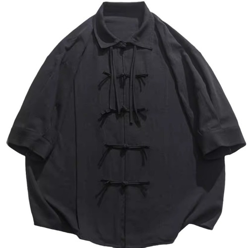 Summer V-Neck Youth Unisex Chinese Traditional Style Collar Shirt with Cantonese Style, Fashion Couple Minority Tangzhuang Outerwear